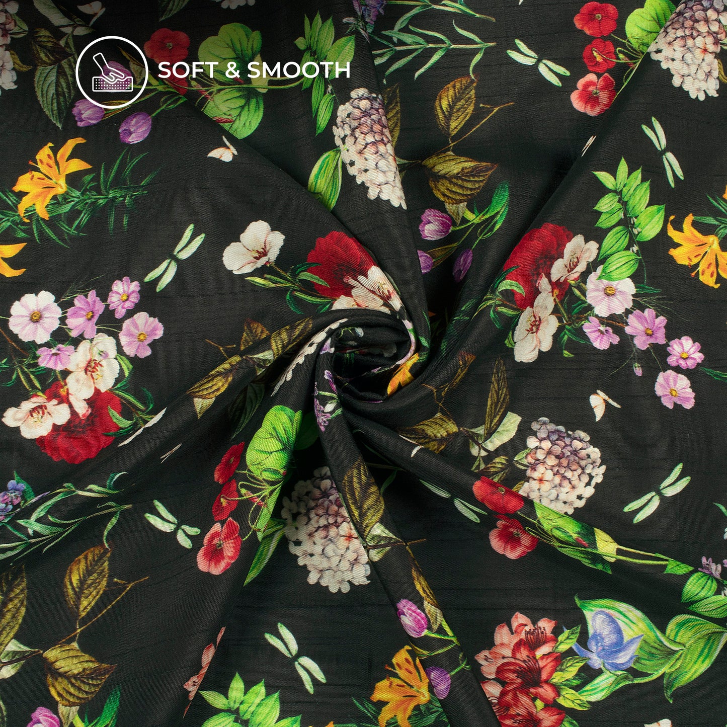 Black Floral Digital Print Bemberg Raw Silk Fabric