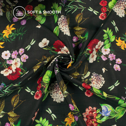 Black Floral Digital Print Bemberg Raw Silk Fabric