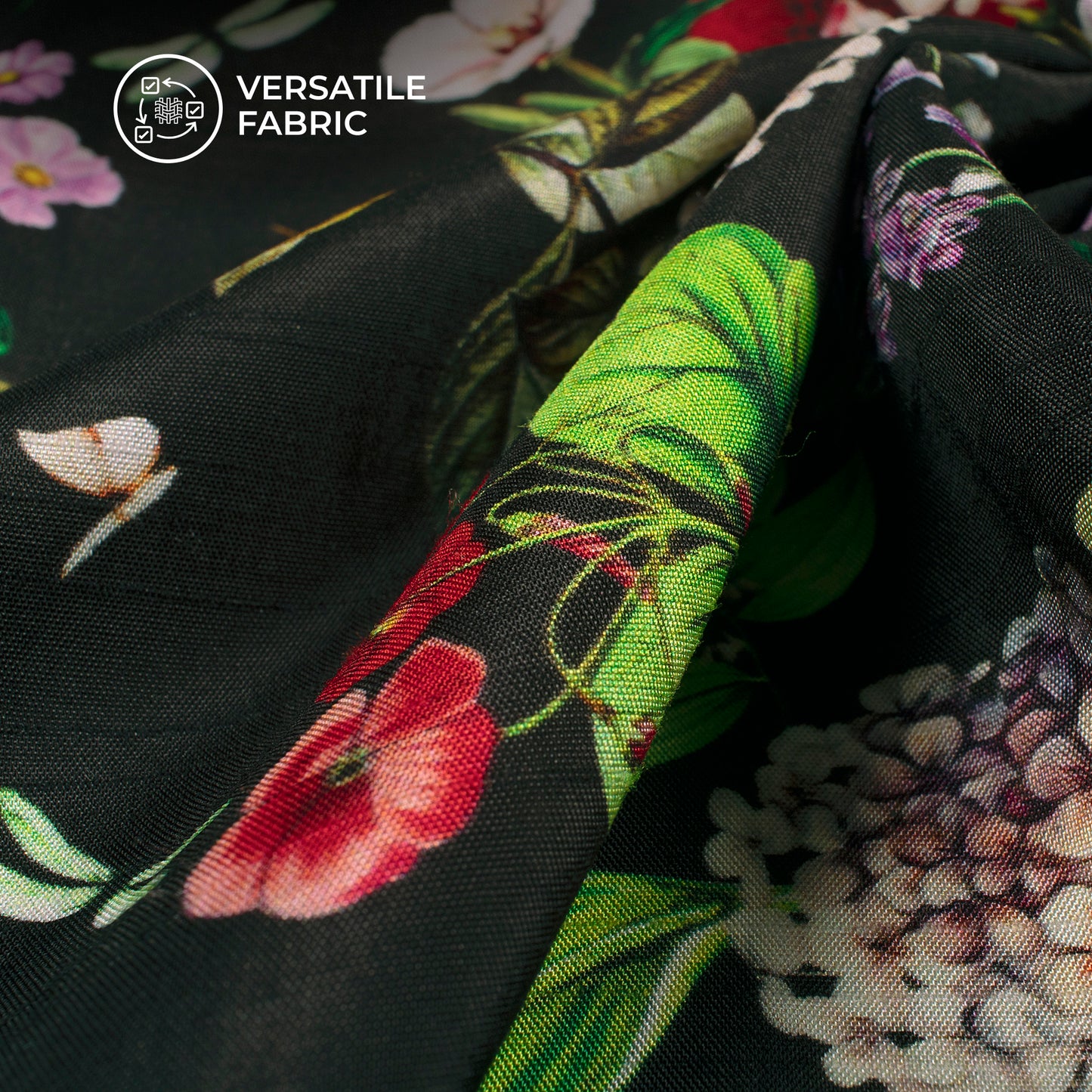 Black Floral Digital Print Bemberg Raw Silk Fabric