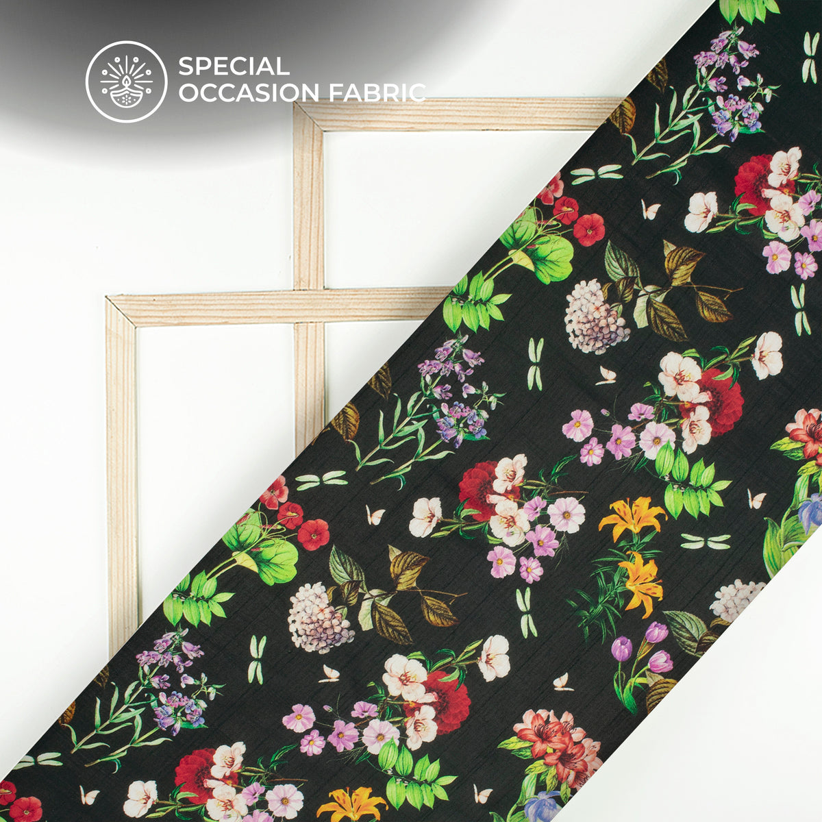Black Floral Digital Print Bemberg Raw Silk Fabric