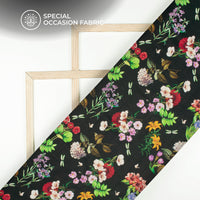 Black Floral Digital Print Bemberg Raw Silk Fabric