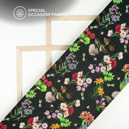 Black Floral Digital Print Bemberg Raw Silk Fabric