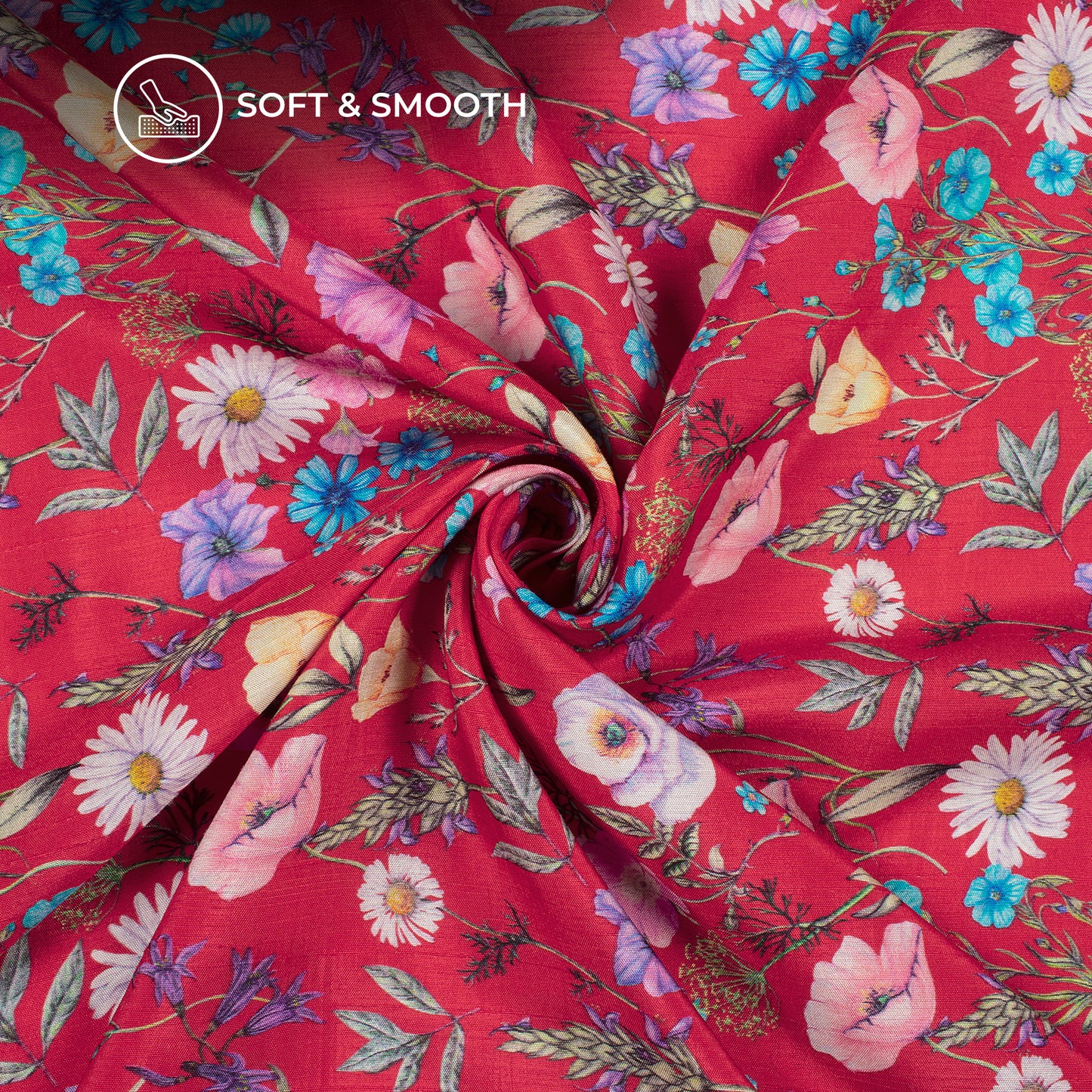 Crimson Red Floral Digital Print Bemberg Raw Silk Fabric