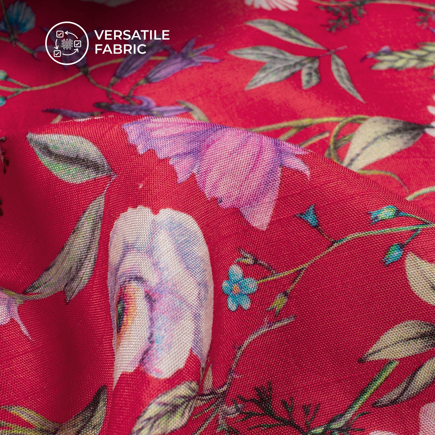 Crimson Red Floral Digital Print Bemberg Raw Silk Fabric