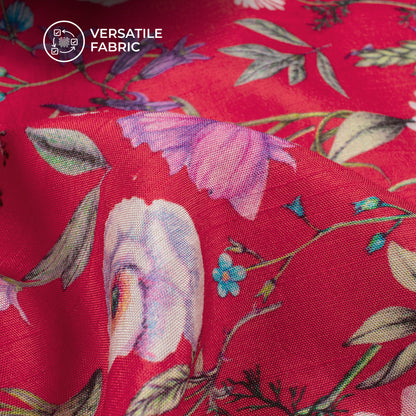 Crimson Red Floral Digital Print Bemberg Raw Silk Fabric