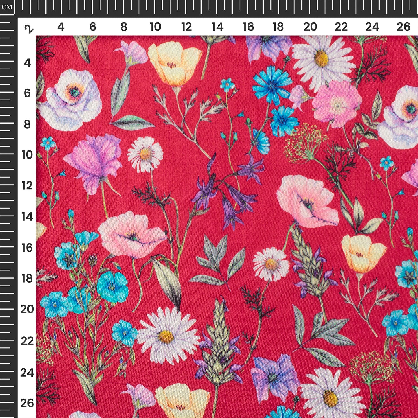 Crimson Red Floral Digital Print Bemberg Raw Silk Fabric