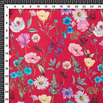 Crimson Red Floral Digital Print Bemberg Raw Silk Fabric