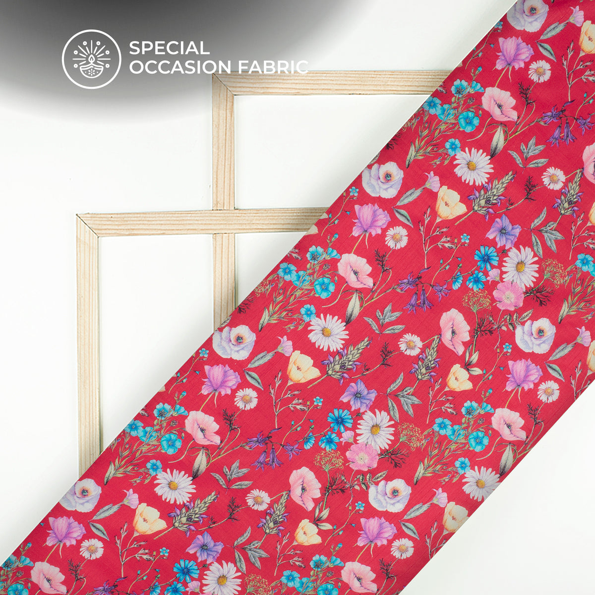 Crimson Red Floral Digital Print Bemberg Raw Silk Fabric