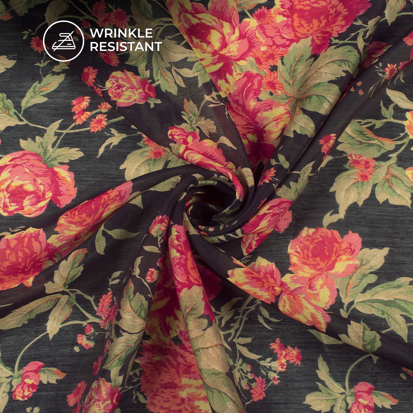 Black Floral Digital Print Viscose Chanderi Fabric