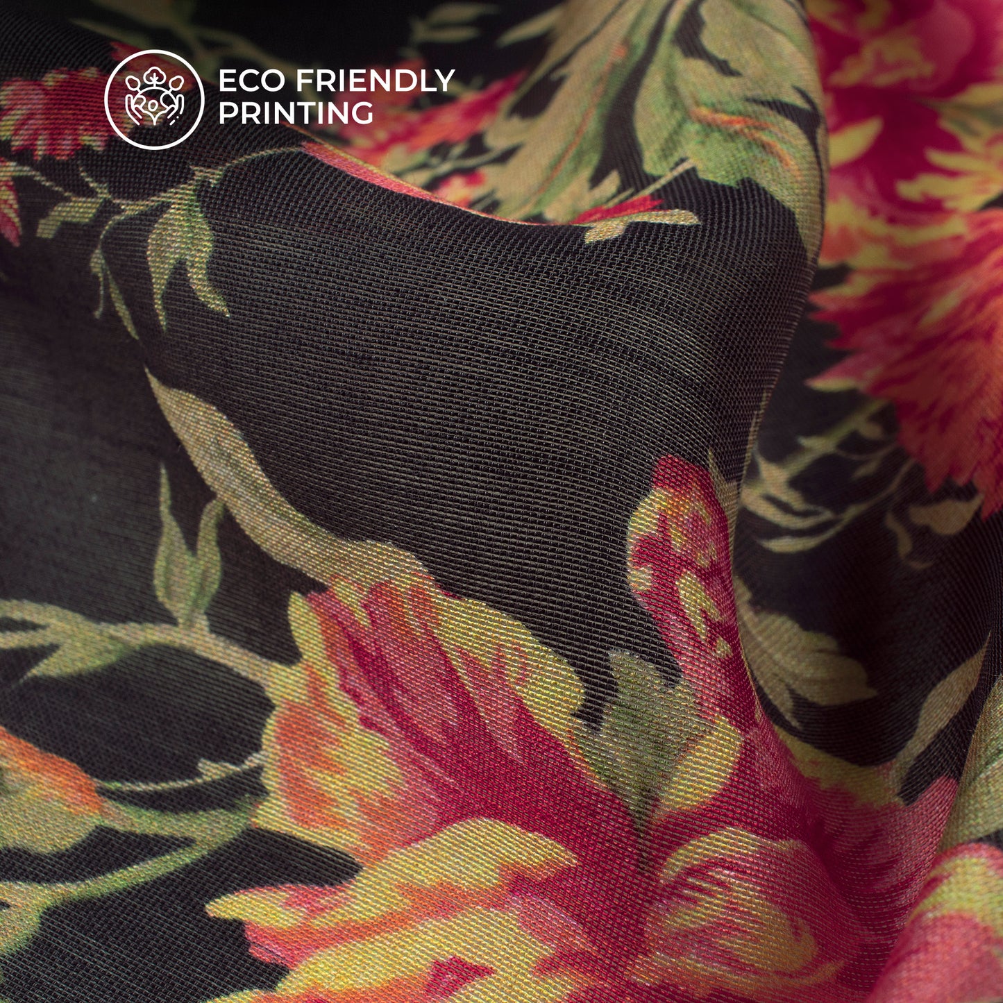 Black Floral Digital Print Viscose Chanderi Fabric