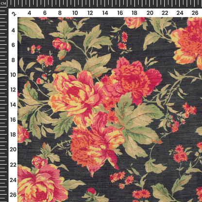 Black Floral Digital Print Viscose Chanderi Fabric