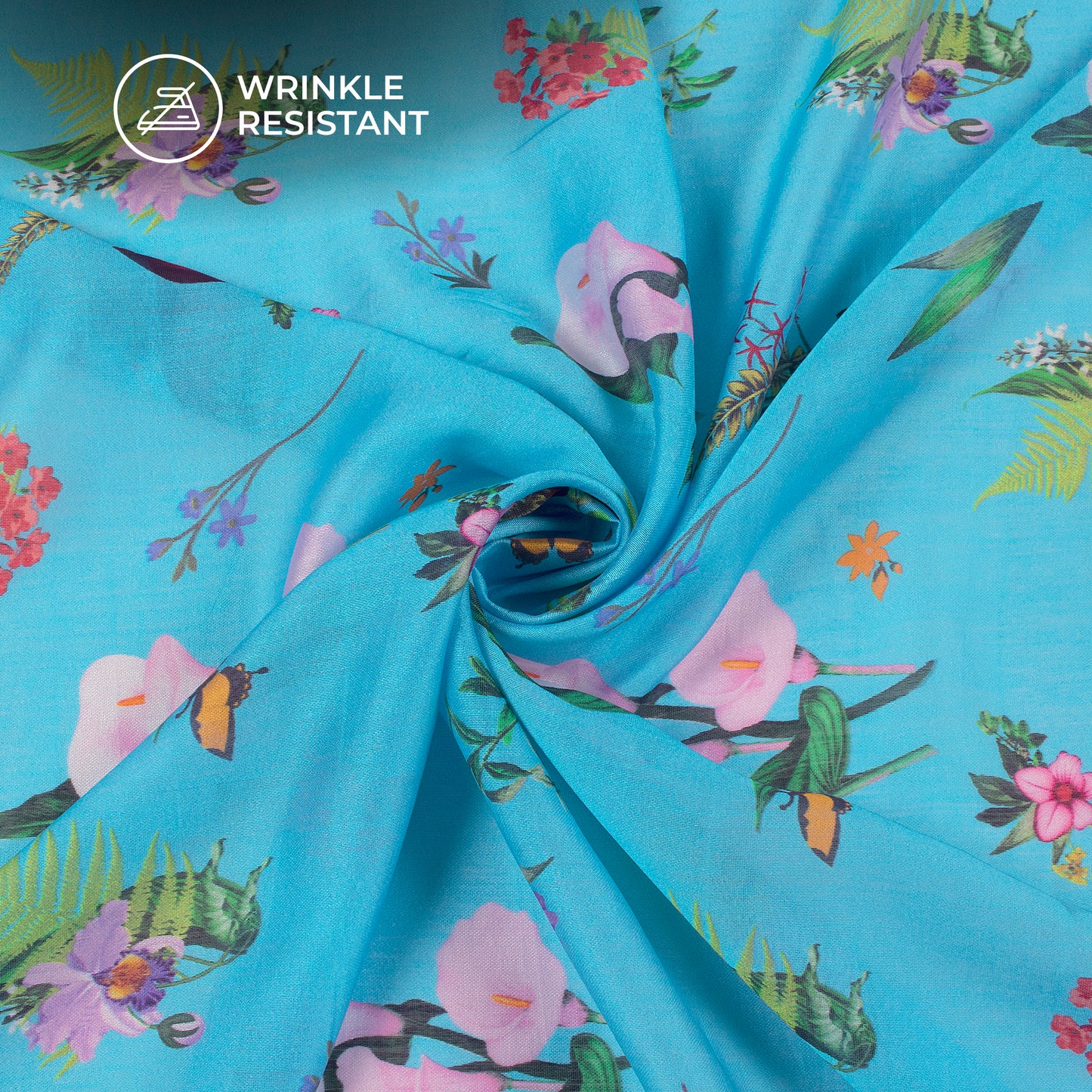 Sky Blue Floral Digital Print Viscose Chanderi Fabric
