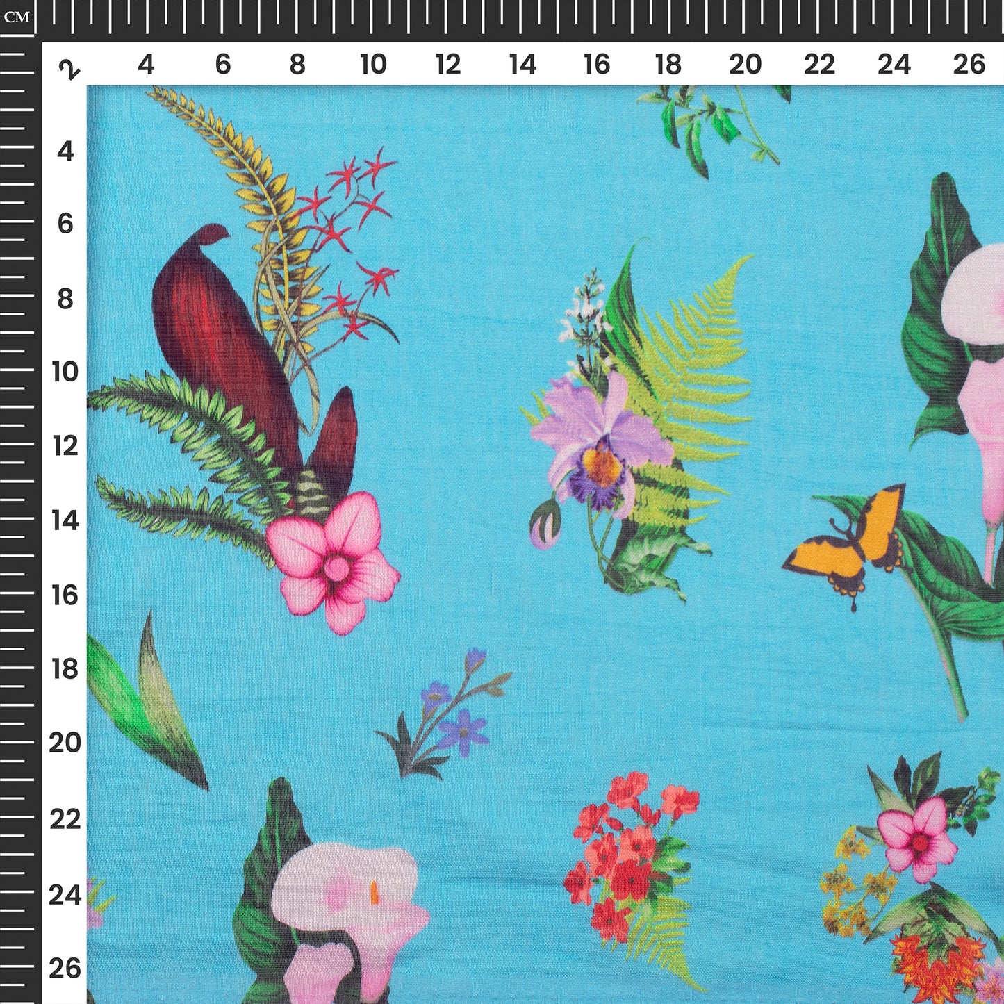 Sky Blue Floral Digital Print Viscose Chanderi Fabric