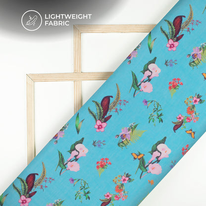 Sky Blue Floral Digital Print Viscose Chanderi Fabric