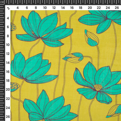 Mustard Yellow Floral Digital Print Viscose Chanderi Fabric