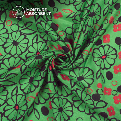 Fern Green,Black Floral Digital Print Viscose Muslin Fabric