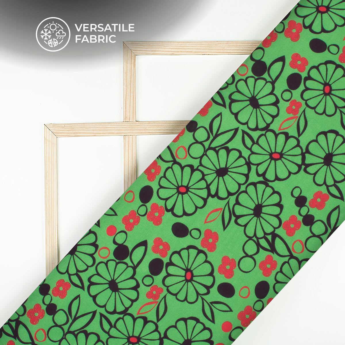 Fern Green,Black Floral Digital Print Viscose Muslin Fabric