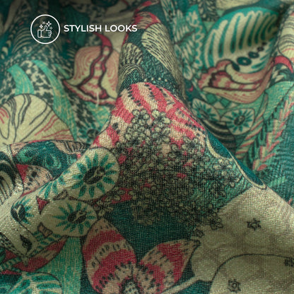 Pink Green Floral Digital Print Elegant Blend Pashmina Fabric