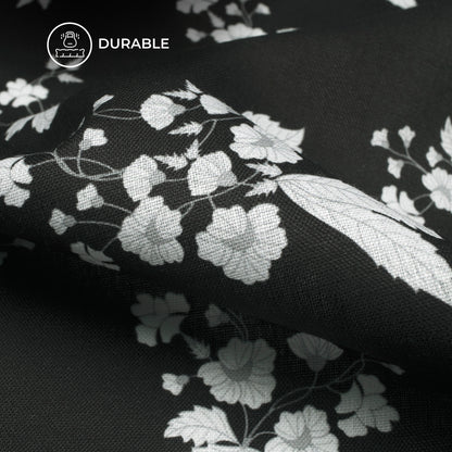 Black Floral Digital Print Poly Linen Slub Fabric