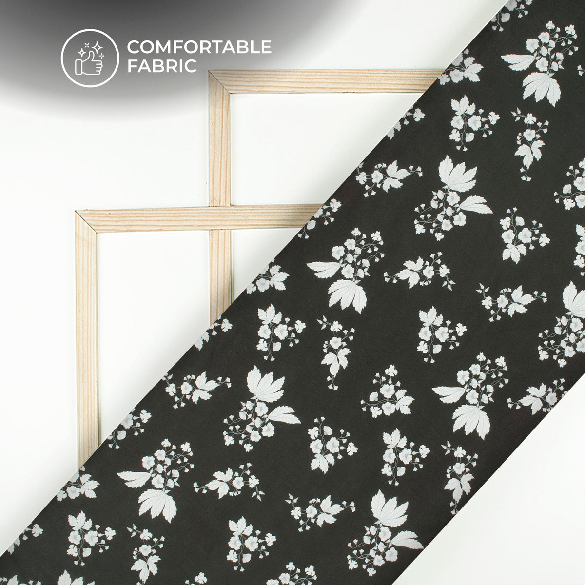 Black Floral Digital Print Poly Linen Slub Fabric