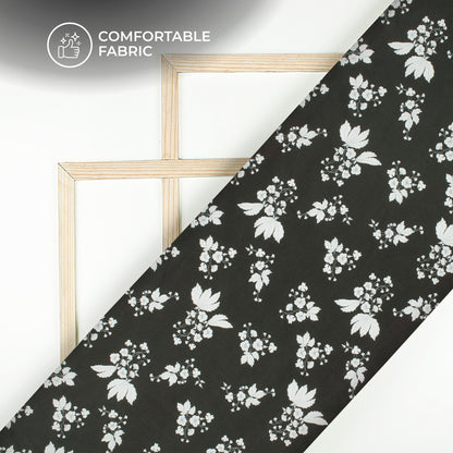 Black Floral Digital Print Poly Linen Slub Fabric