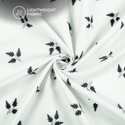 White Leaf Digital Print Poly Linen Slub Fabric