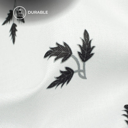 White Leaf Digital Print Poly Linen Slub Fabric