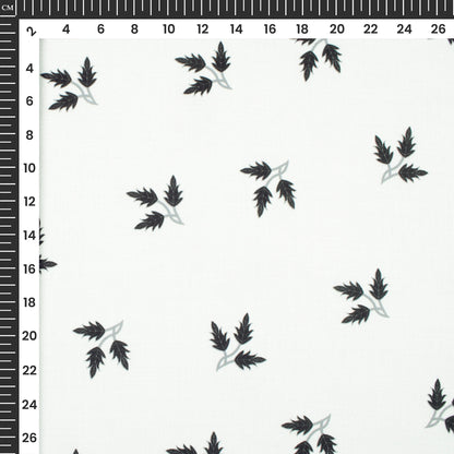 White Leaf Digital Print Poly Linen Slub Fabric