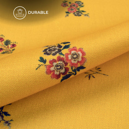 Mustard Yellow Floral Digital Print Poly Linen Slub Fabric