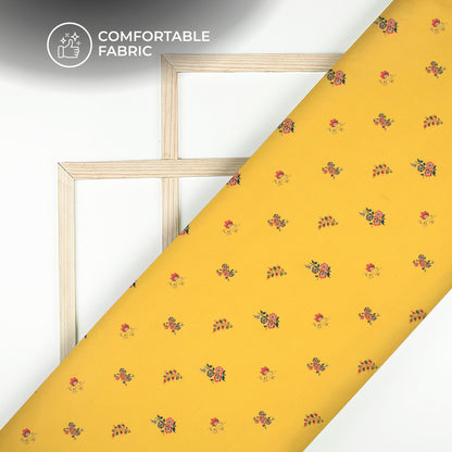 Mustard Yellow Floral Digital Print Poly Linen Slub Fabric