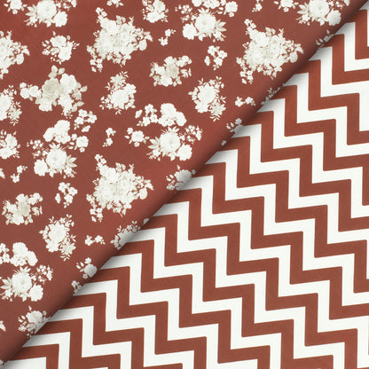 Burnt Umber Brown Floral Digital Print Poly Linen Slub Fabric