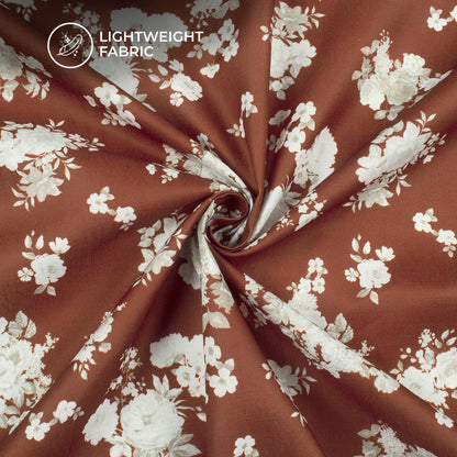 Burnt Umber Brown Floral Digital Print Poly Linen Slub Fabric
