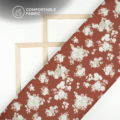 Burnt Umber Brown Floral Digital Print Poly Linen Slub Fabric