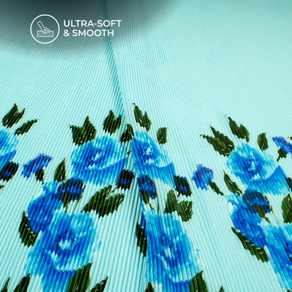 Sky Blue Floral Digital Print French Crepe Pleated Fabric