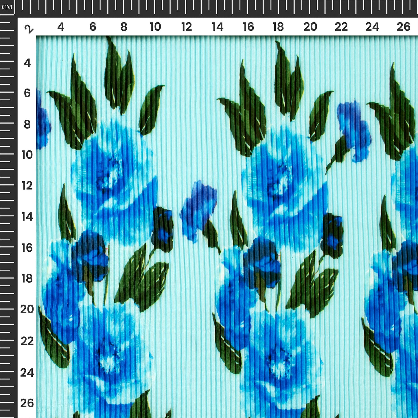 Sky Blue Floral Digital Print French Crepe Pleated Fabric