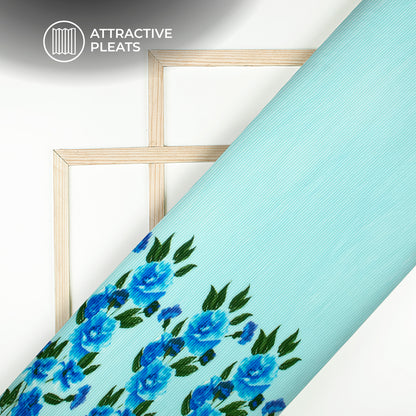 Sky Blue Floral Digital Print French Crepe Pleated Fabric