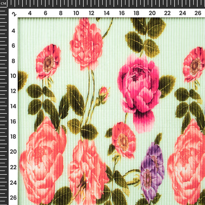Cream Floral Digital Print French Crepe Pleated Fabric