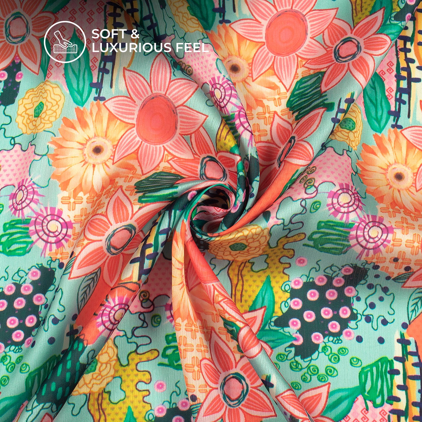 Mint Green Floral Digital Print Chiffon Satin Fabric