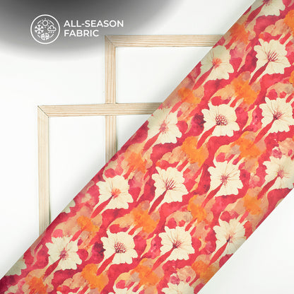 Cherry Red Floral Digital Print Chiffon Satin Fabric