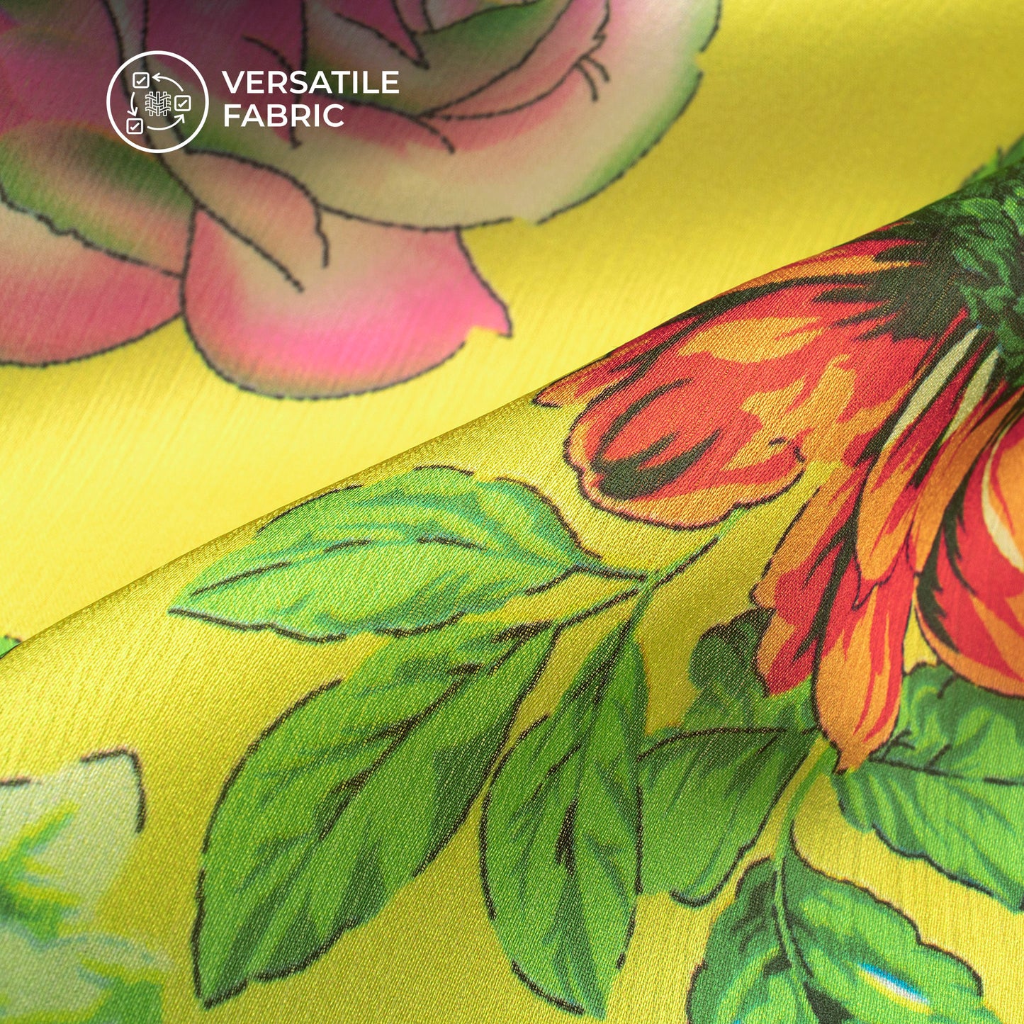 Lemon Yellow Floral Digital Print Chiffon Satin Fabric