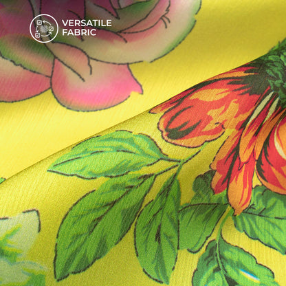 Lemon Yellow Floral Digital Print Chiffon Satin Fabric