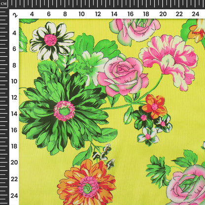 Lemon Yellow Floral Digital Print Chiffon Satin Fabric