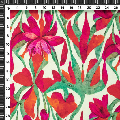 Cherry Red Floral Digital Print Viscose Rayon Fabric (Width 58 Inches)