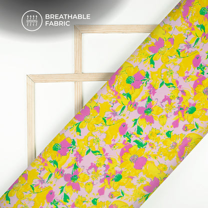 Yellow Floral Digital Print Viscose Rayon Fabric (Width 58 Inches)