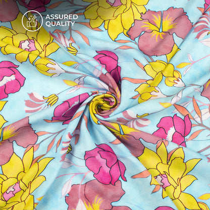 Yellow Floral Digital Print Viscose Rayon Fabric (Width 58 Inches)
