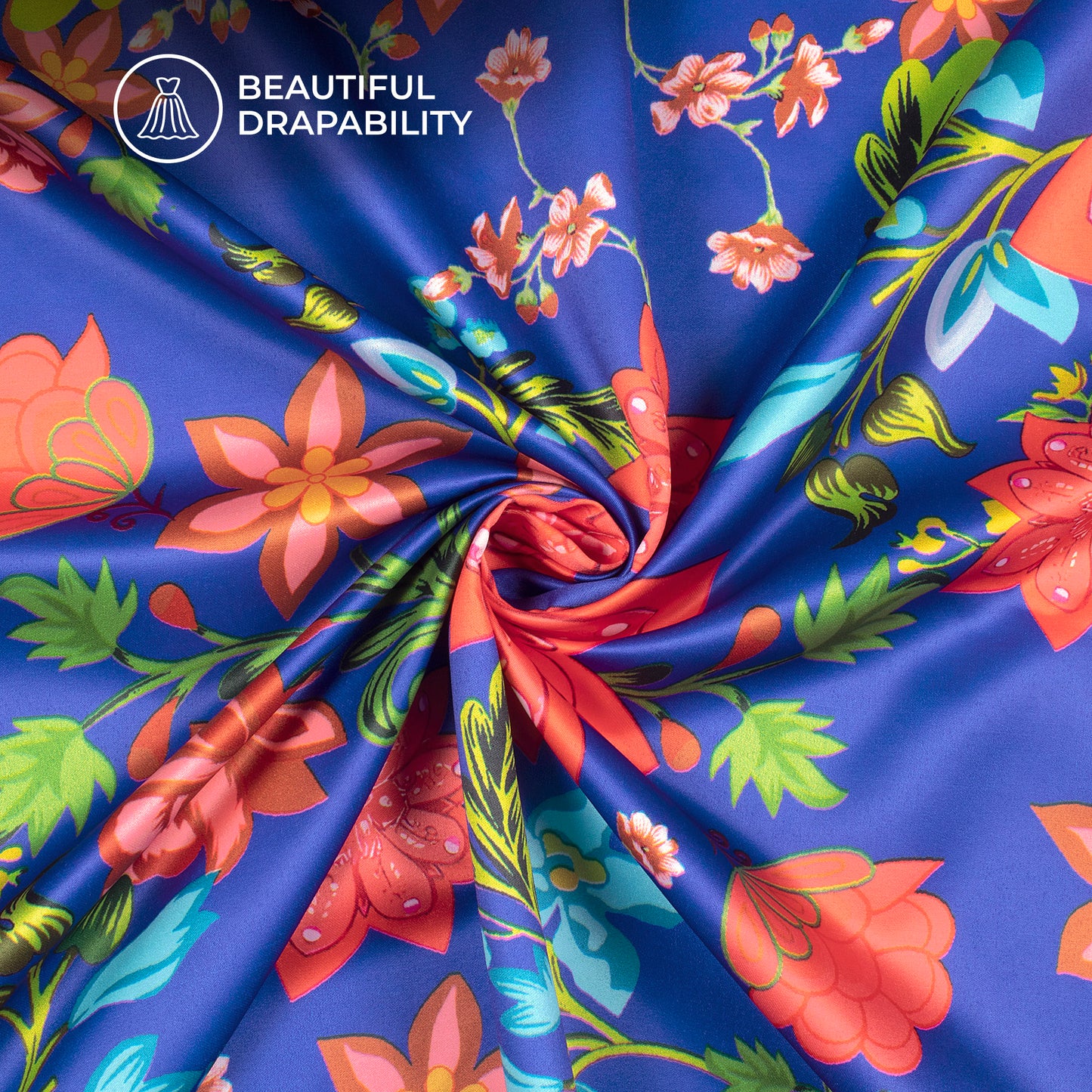 Royal Blue Floral Digital Print Charmeuse Satin Fabric (Width 58 Inches)