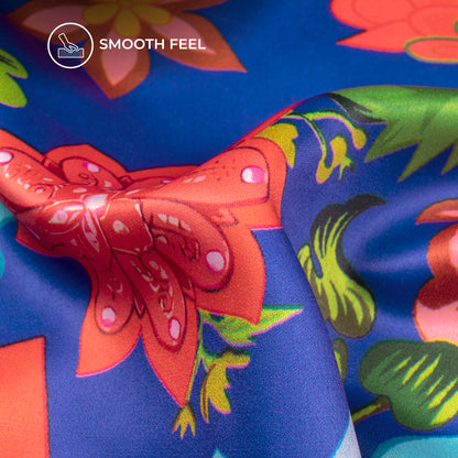 Royal Blue Floral Digital Print Charmeuse Satin Fabric (Width 58 Inches)