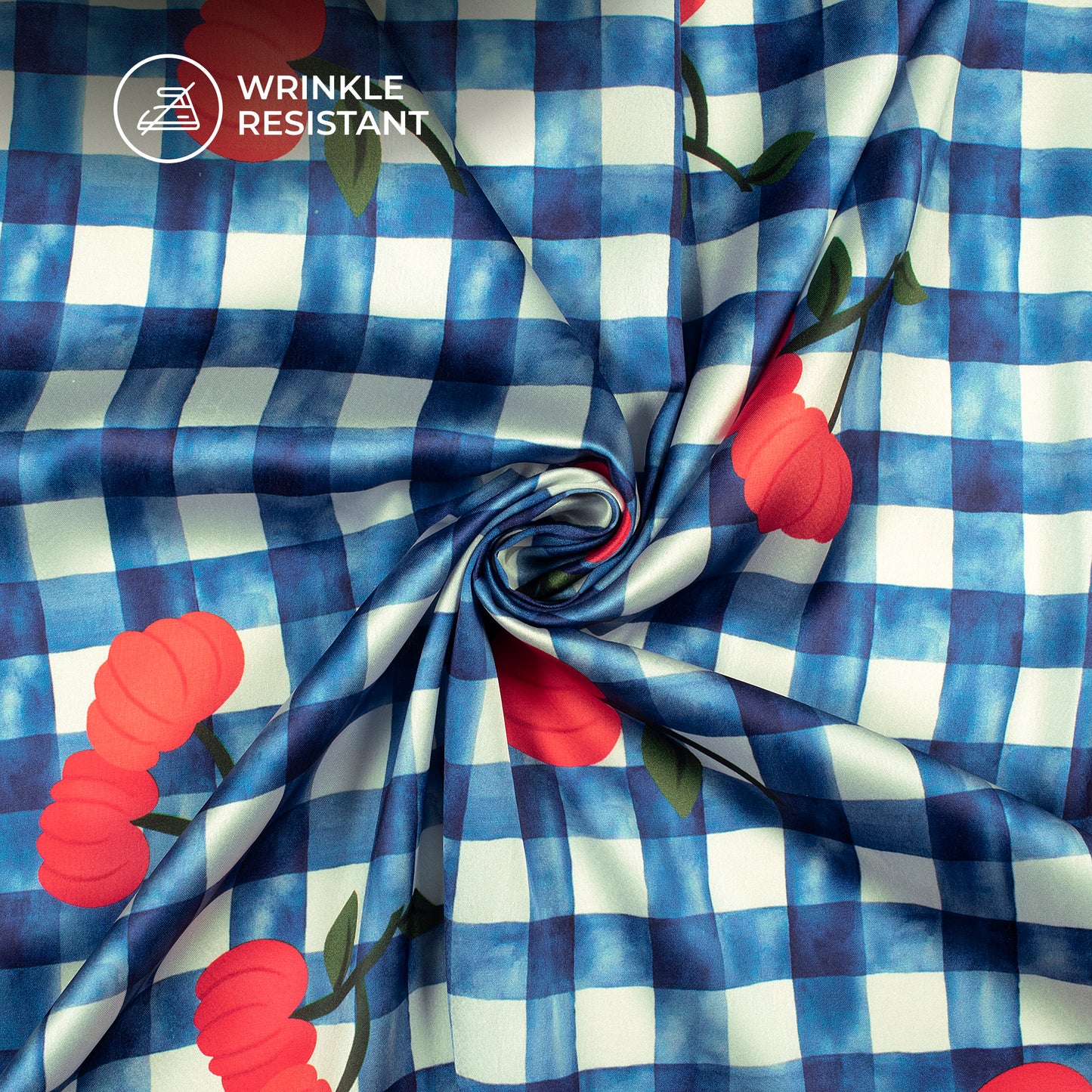 Checks And Floral Design Navy Blue Colour Digital Print Japan Satin Fabric