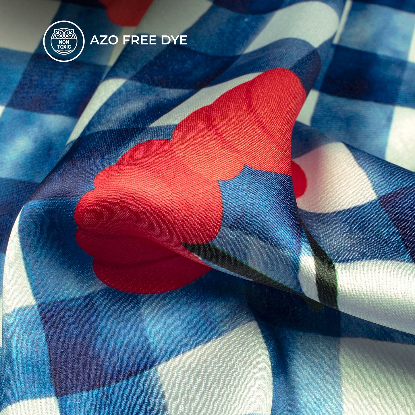 Checks And Floral Design Navy Blue Colour Digital Print Japan Satin Fabric