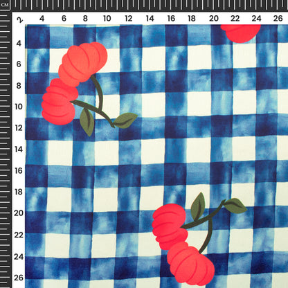 Checks And Floral Design Navy Blue Colour Digital Print Japan Satin Fabric